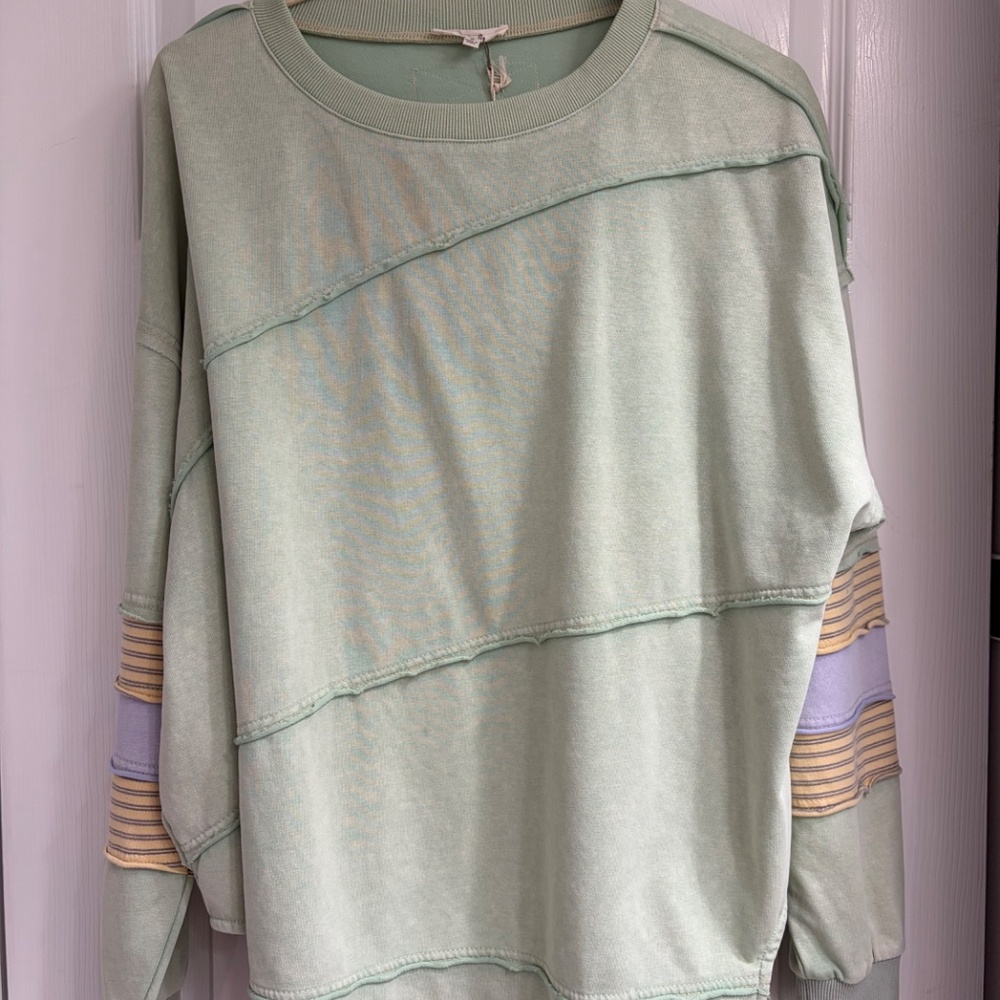 New Easel Terry Knit Color Block Sweatshirt Pullover Oversized Cotton Sage Small - Picture 1 of 6